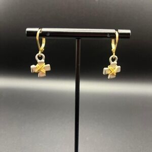 Gold Tone & Pewter Cross Drop Earrings Wire Wrapped Minimalist Dangle